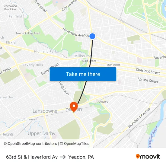 63rd St & Haverford Av to Yeadon, PA map