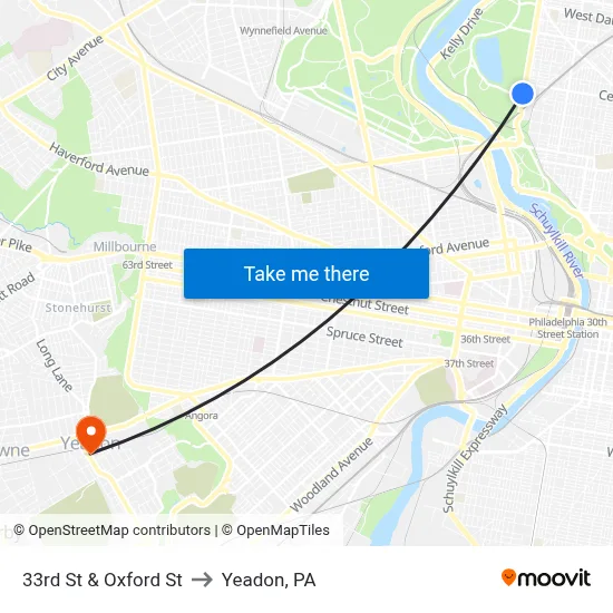 33rd St & Oxford St to Yeadon, PA map