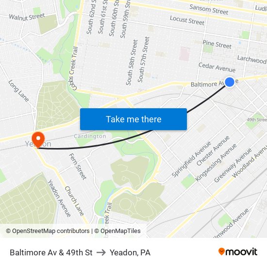 Baltimore Av & 49th St to Yeadon, PA map