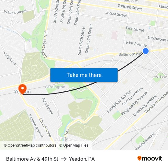 Baltimore Av & 49th St to Yeadon, PA map