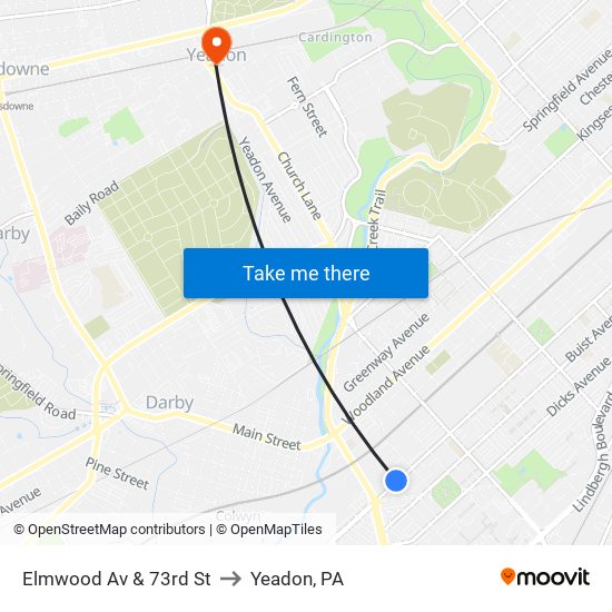 Elmwood Av & 73rd St to Yeadon, PA map