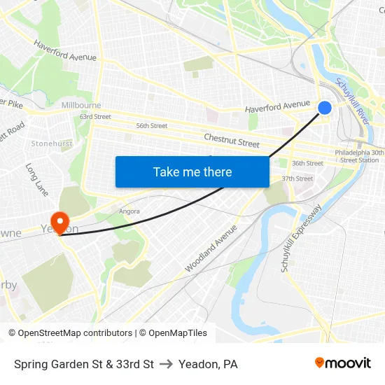 Spring Garden St & 33rd St to Yeadon, PA map