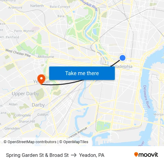 Spring Garden St & Broad St to Yeadon, PA map