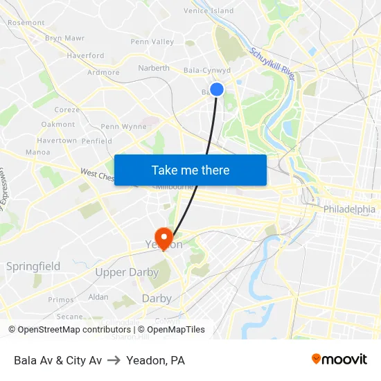 Bala Av & City Av to Yeadon, PA map