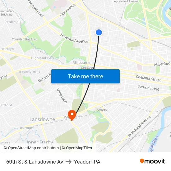 60th St & Lansdowne Av to Yeadon, PA map