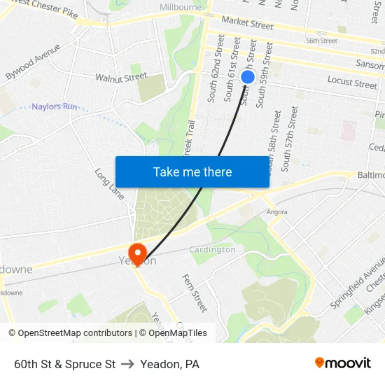 60th St & Spruce St to Yeadon, PA map