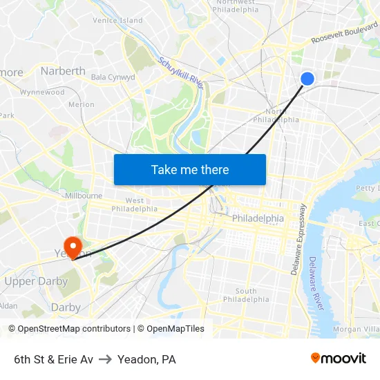 6th St & Erie Av to Yeadon, PA map