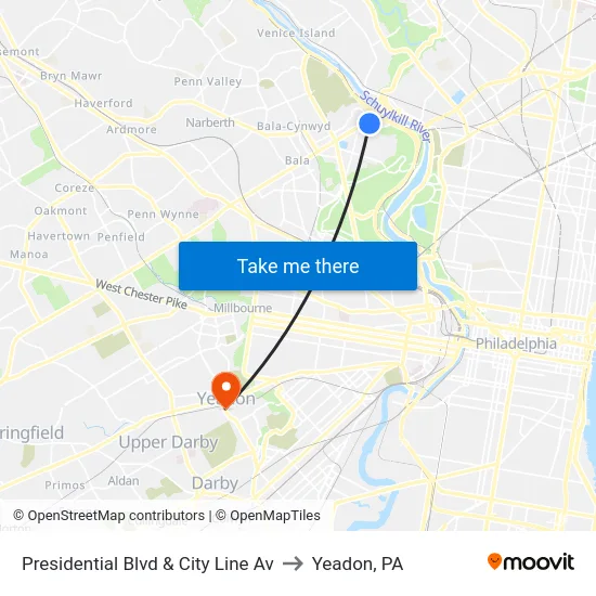 Presidential Blvd & City Line Av to Yeadon, PA map