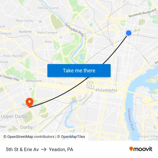 5th St & Erie Av to Yeadon, PA map