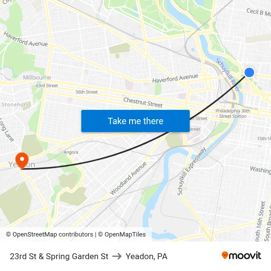 23rd St & Spring Garden St to Yeadon, PA map