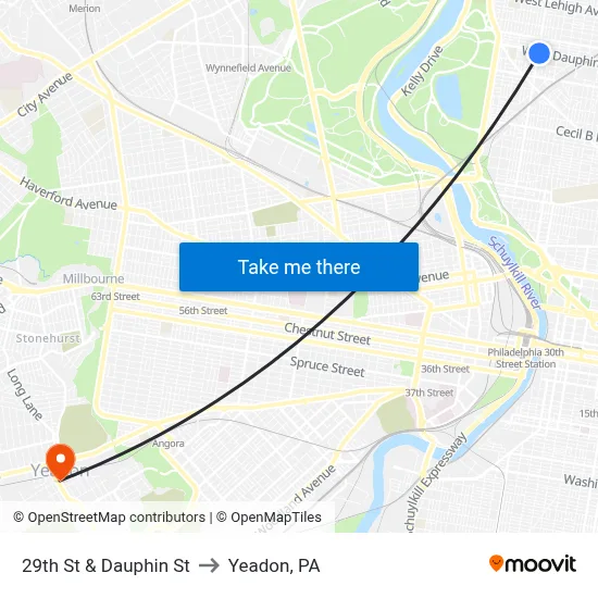 29th St & Dauphin St to Yeadon, PA map