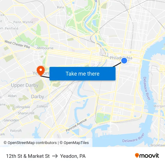 12th St & Market St to Yeadon, PA map