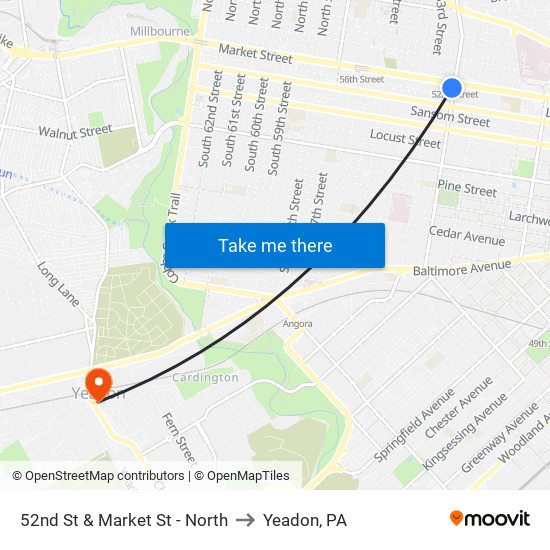 52nd St & Market St - North to Yeadon, PA map