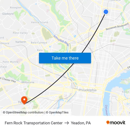 Fern Rock Transportation Center to Yeadon, PA map