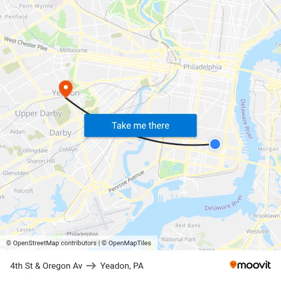 4th St & Oregon Av to Yeadon, PA map