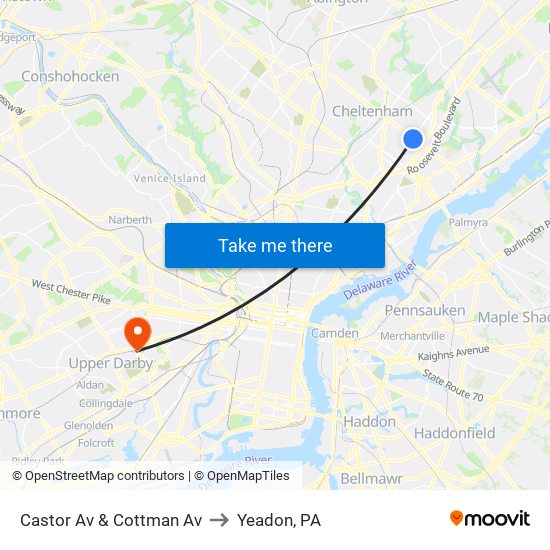 Castor Av & Cottman Av to Yeadon, PA map