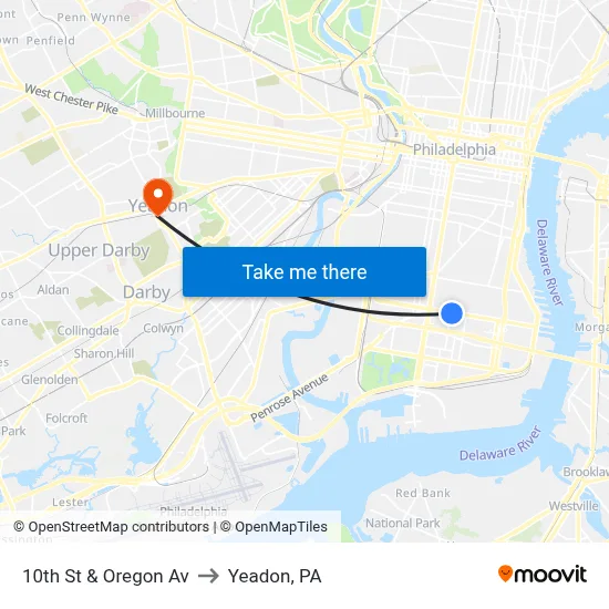 10th St & Oregon Av to Yeadon, PA map