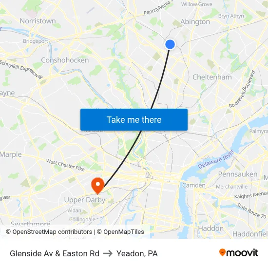 Glenside Av & Easton Rd to Yeadon, PA map