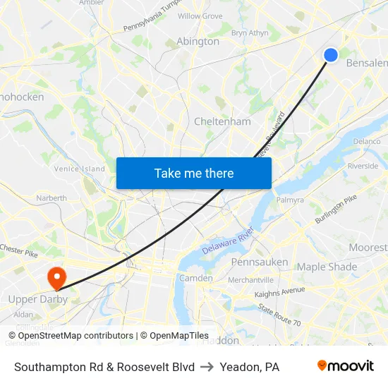 Southampton Rd & Roosevelt Blvd to Yeadon, PA map