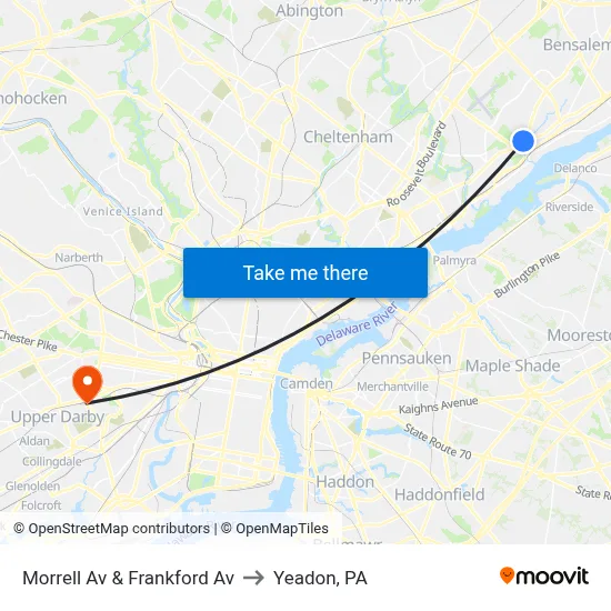 Morrell Av & Frankford Av to Yeadon, PA map