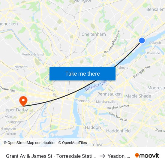 Grant Av & James St - Torresdale Station to Yeadon, PA map