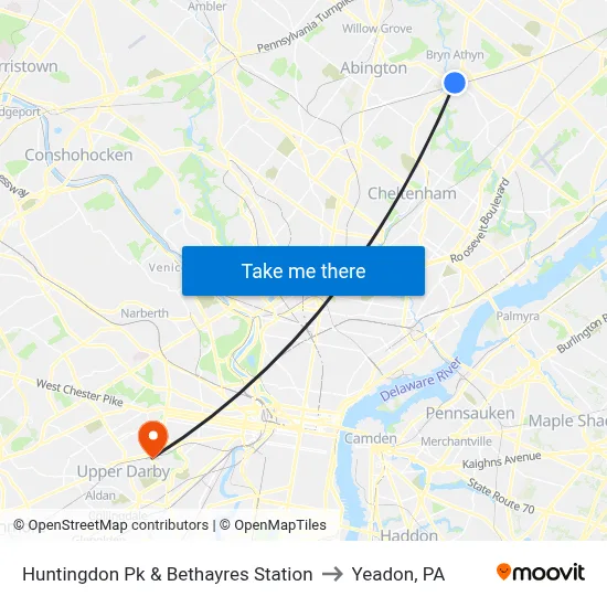 Huntingdon Pk & Bethayres Station to Yeadon, PA map