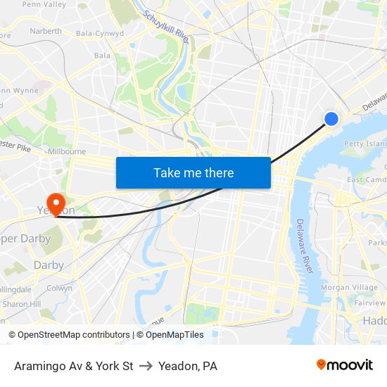 Aramingo Av & York St to Yeadon, PA map