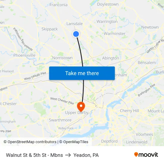 Walnut St & 5th St - Mbns to Yeadon, PA map
