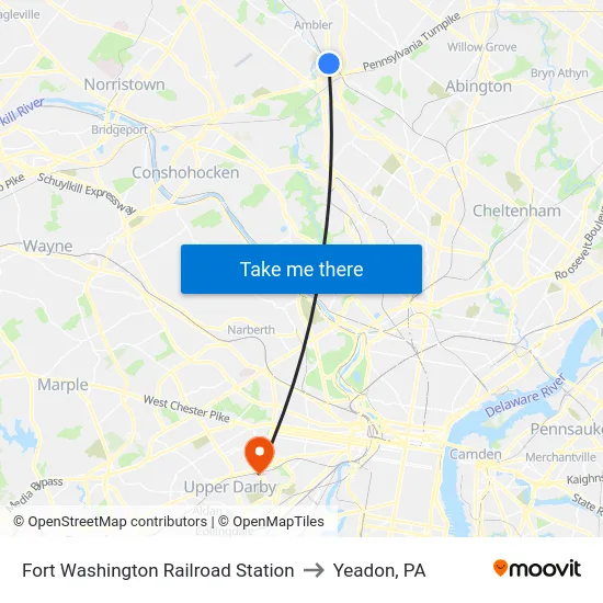 Fort Washington Railroad Station to Yeadon, PA map