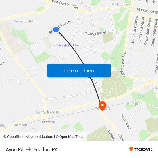 Avon Rd to Yeadon, PA map