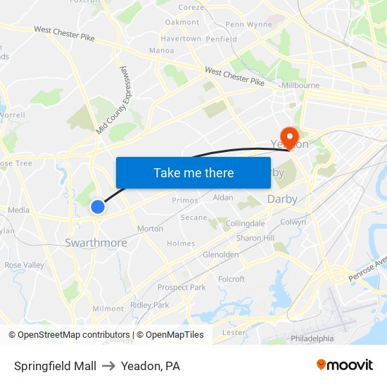 Springfield Mall to Yeadon, PA map