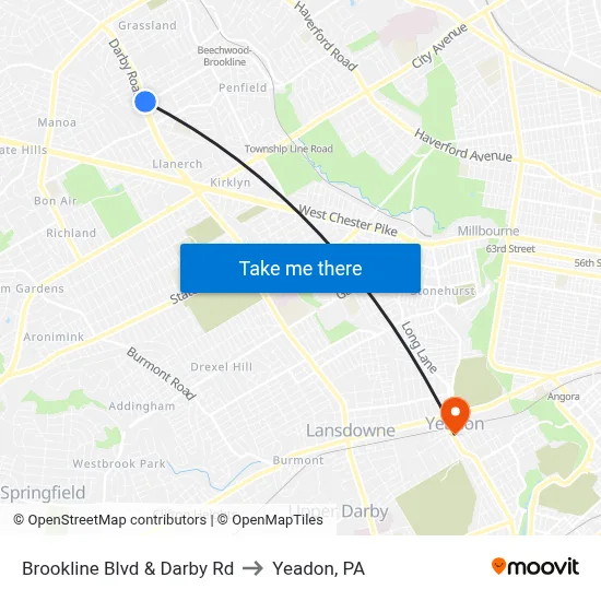 Brookline Blvd & Darby Rd to Yeadon, PA map