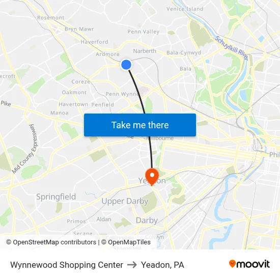 Wynnewood Shopping Center to Yeadon, PA map