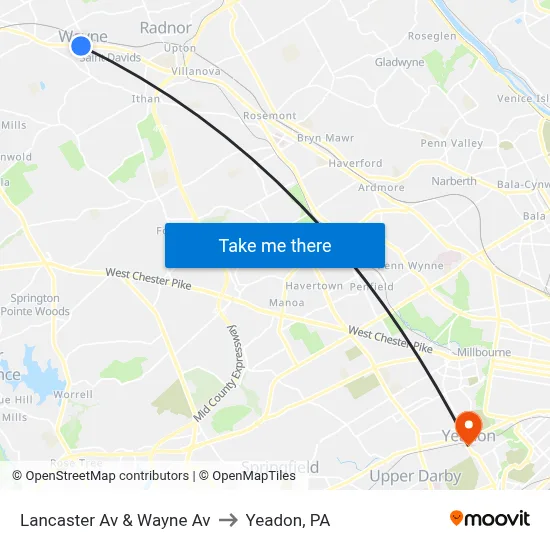 Lancaster Av & Wayne Av to Yeadon, PA map