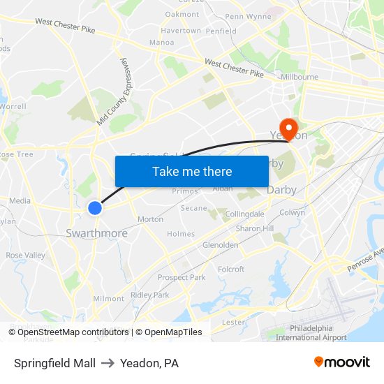 Springfield Mall to Yeadon, PA map