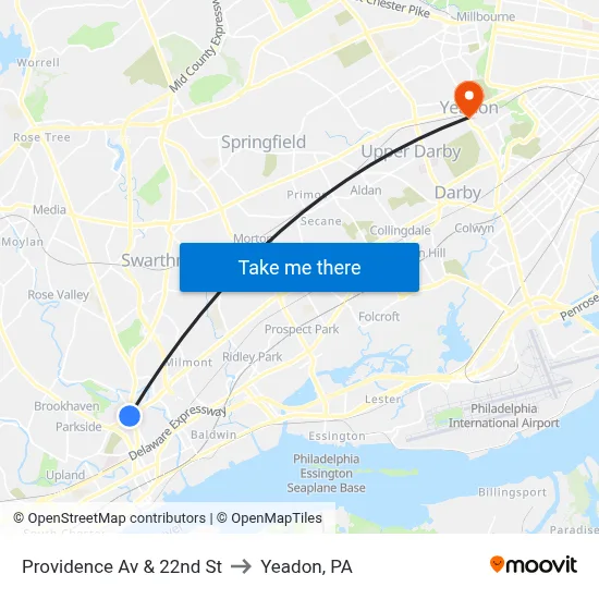Providence Av & 22nd St to Yeadon, PA map