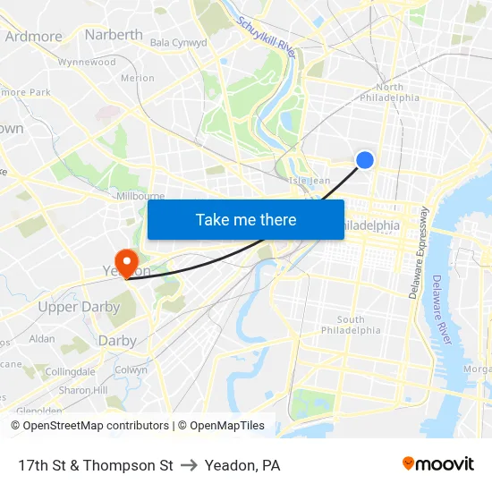 17th St & Thompson St to Yeadon, PA map