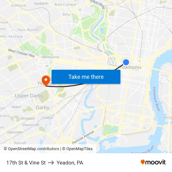 17th St & Vine St to Yeadon, PA map