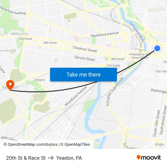 20th St & Race St to Yeadon, PA map
