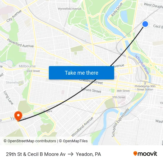 29th St & Cecil B Moore Av to Yeadon, PA map