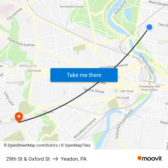 29th St & Oxford St to Yeadon, PA map