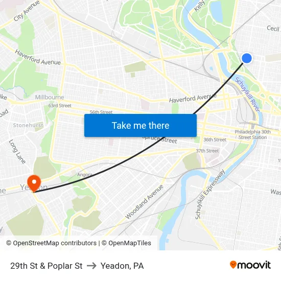 29th St & Poplar St to Yeadon, PA map
