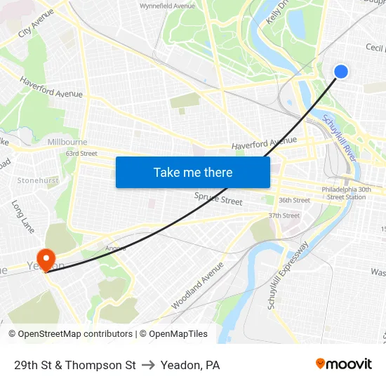 29th St & Thompson St to Yeadon, PA map