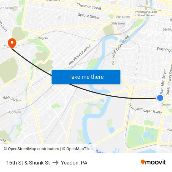 16th St & Shunk St to Yeadon, PA map