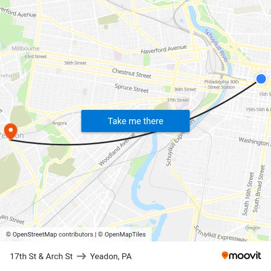 17th St & Arch St to Yeadon, PA map