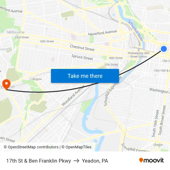 17th St & Ben Franklin Pkwy to Yeadon, PA map