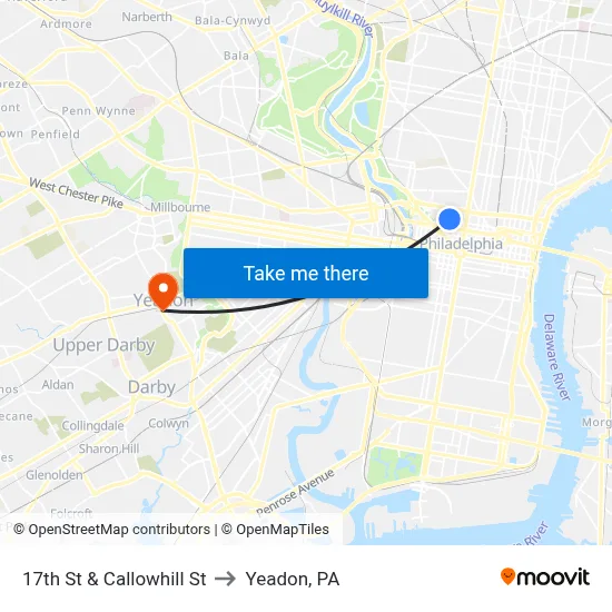 17th St & Callowhill St to Yeadon, PA map
