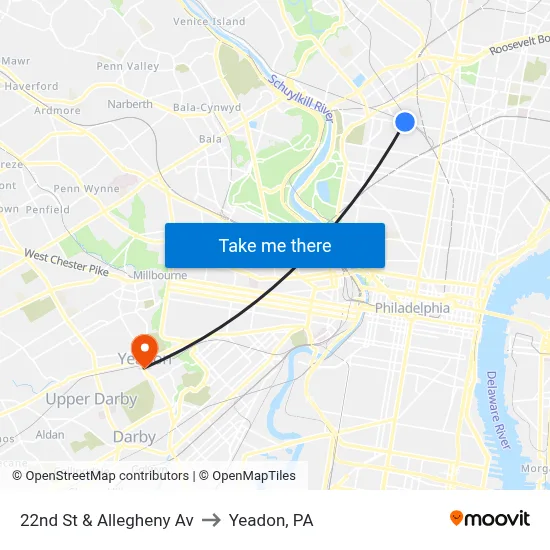 22nd St & Allegheny Av to Yeadon, PA map