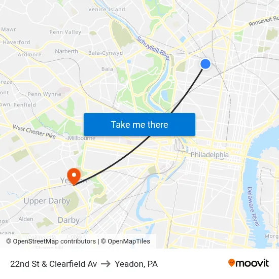 22nd St & Clearfield Av to Yeadon, PA map