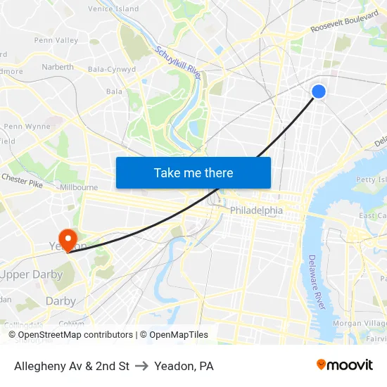 Allegheny Av & 2nd St to Yeadon, PA map